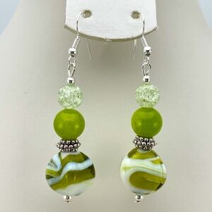 Artisan Green Swirled Glass Gemstone Beaded Silver Tone Dangle Earrings Boho